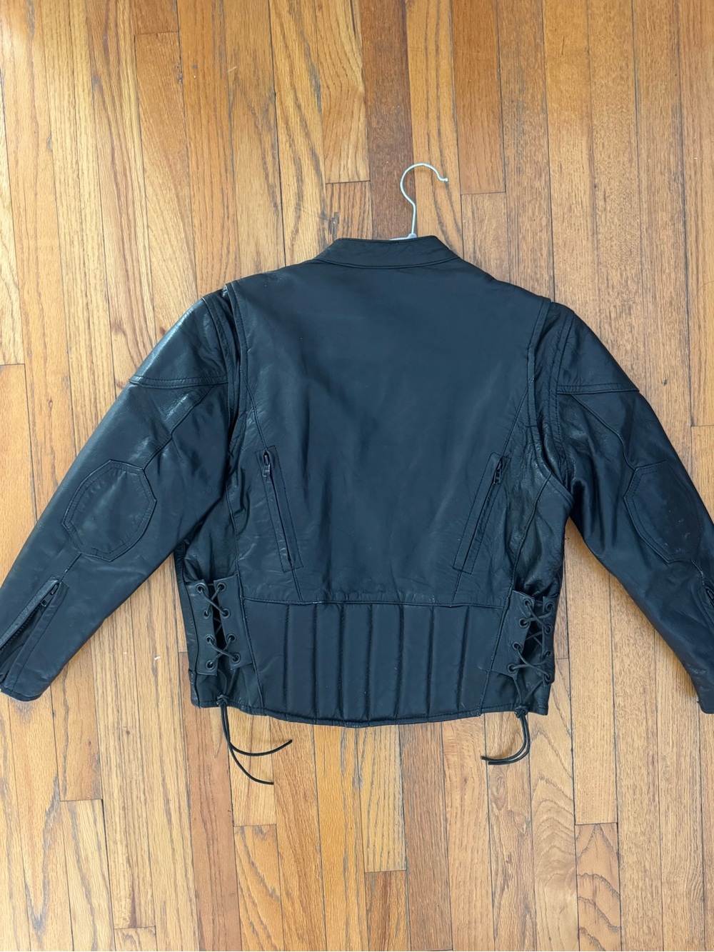 Vintage Black Leather Motorcycle Jacket with Lace-Up Sides